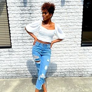 Off white ruched puff sleeve crop top